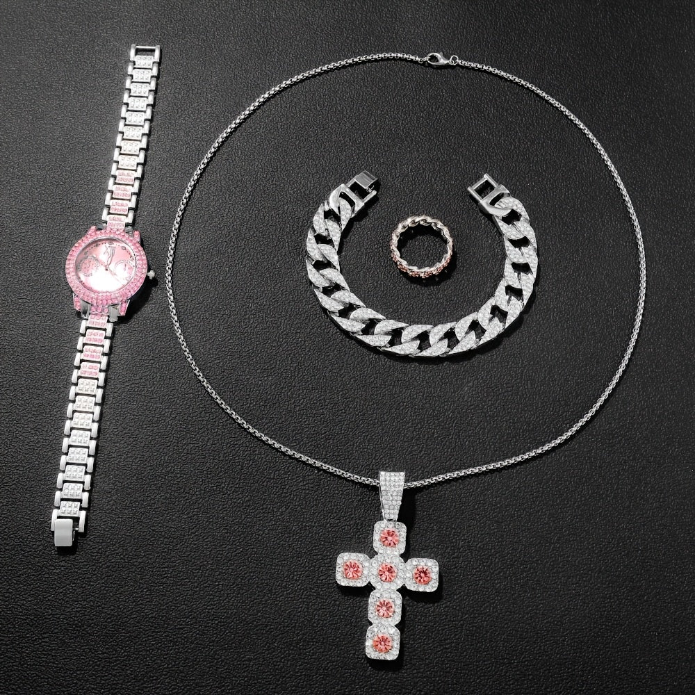 A Fashionable Holiday-style Pointer-type Ladies' Quartz Watch Set Of 4 Pieces, Exquisite And Shiny Ladies' Watch Set, 1 Watch + 3 Jewelry Set, Selected Ladies' Watch Set